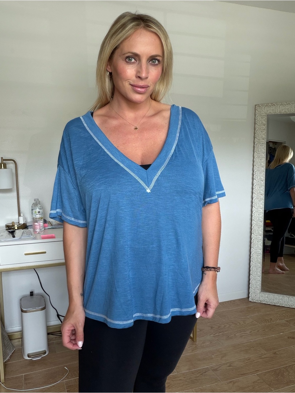 Blue V-Neck Short Sleeve Women's Top